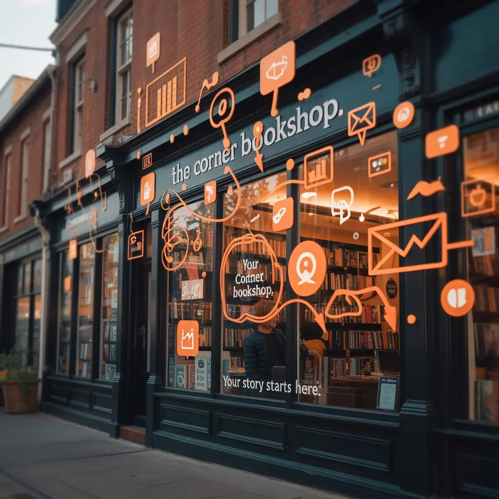 book shop surrounded with icons of digital marketing